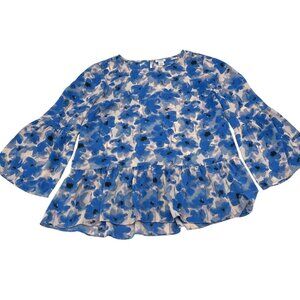 J.Crew Womens Blue Floral Ruffle Hem Blouse With Bell Sleeves & Tiered Design M